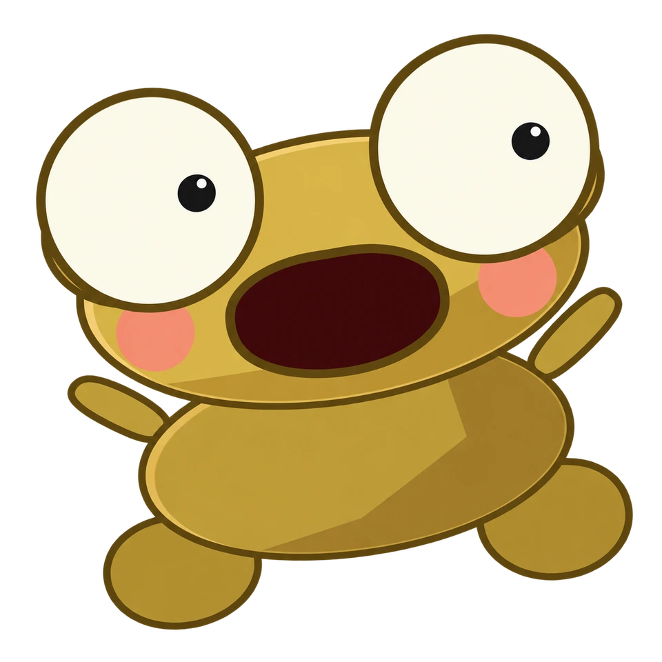Kero, the golden frog, shouting with his arms wide open