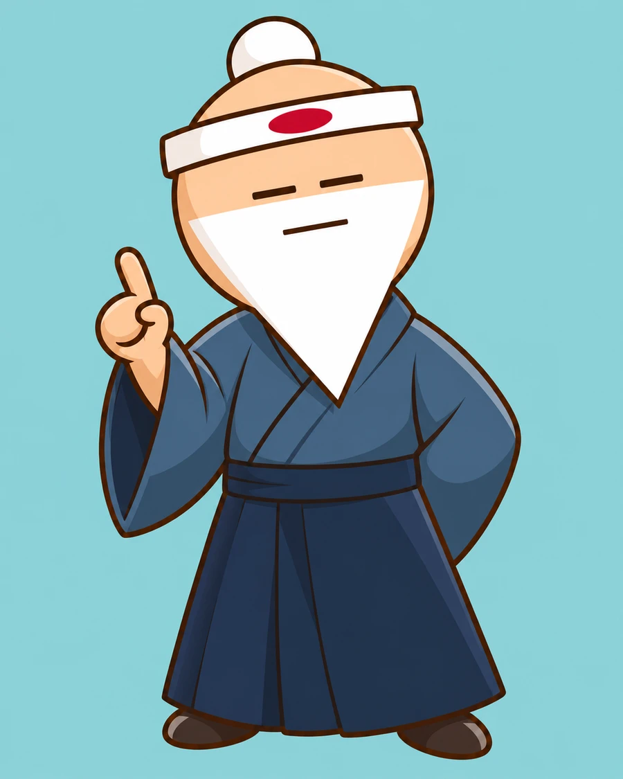 Sensei in his blue robe and white headband, raising one finger to teach