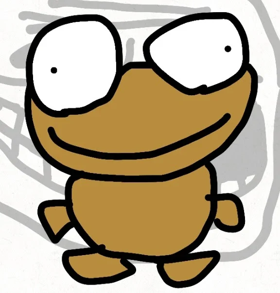 A hand-drawn brown Kero with big white eyes and a wide smile, standing in front of faint grey sketch lines.