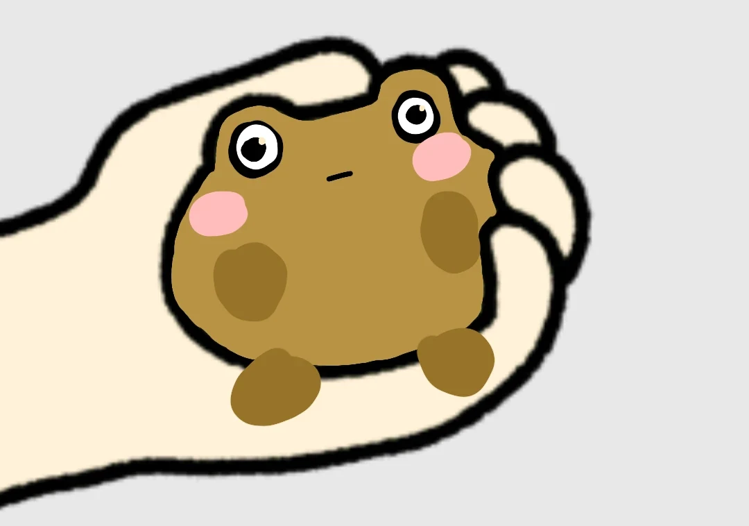 A small, round golden Kero with pink cheeks, wide eyes and a tiny mouth sits cupped in a cream-coloured hand with thick black outlines, on a light grey background.