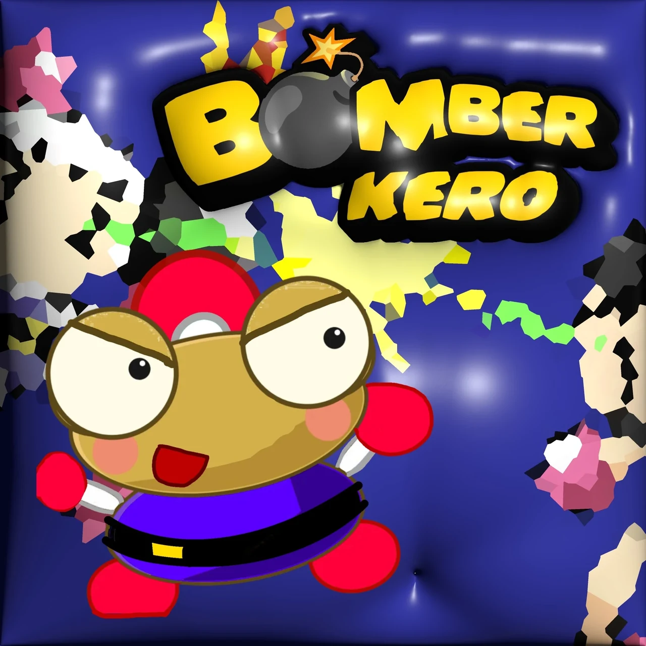 Kero in a Bomberman-style outfit with a red antenna helmet, red gloves and boots and a purple suit with a belt, under yellow “BOMBER KERO” lettering with a lit bomb, on a glossy blue background with bright explosion shards.