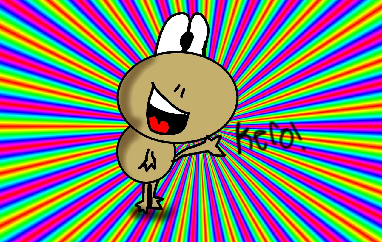 A hand-drawn tan Kero with tall white eyes and a wide open laugh waves one hand beside handwritten “Kero!” lettering, on a bright radiating rainbow background.