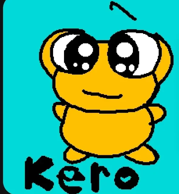 A bright yellow hand-drawn Kero with huge sparkling eyes stands on a turquoise background above black kero lettering.