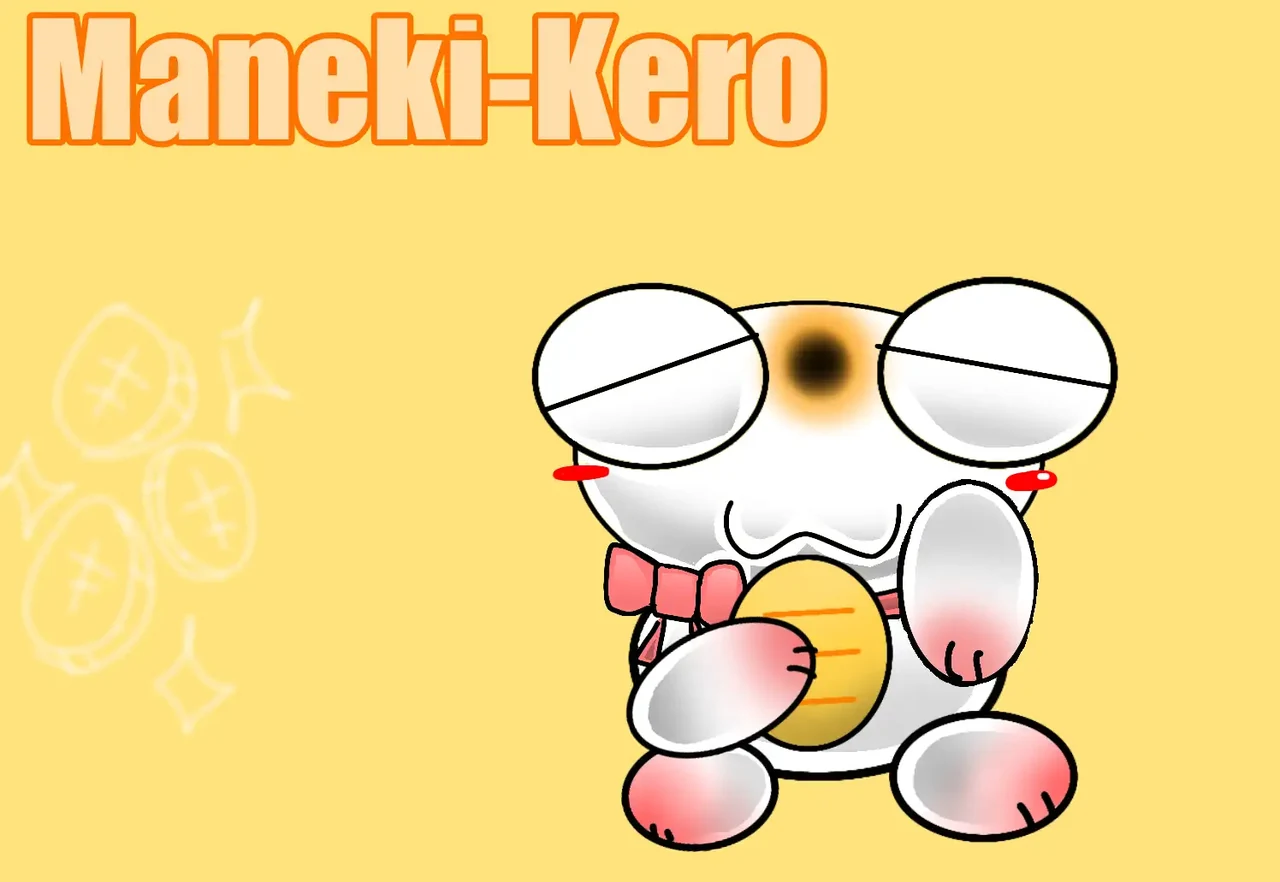 Maneki-Kero lettering above a white lucky-cat Kero with a raised paw, pink bow and golden coin on a yellow background.
