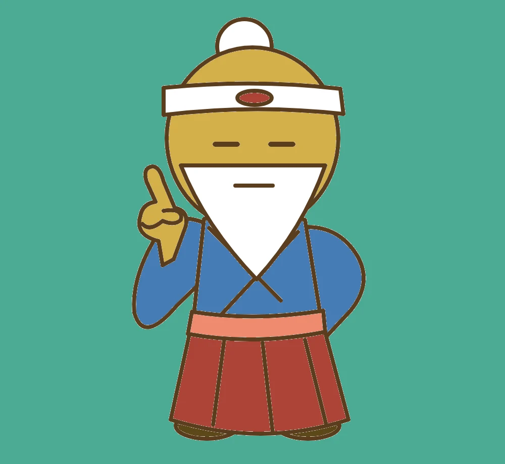 A drawing of golden Sensei raising one finger, wearing a blue robe, red trousers and a white headband against a teal background.