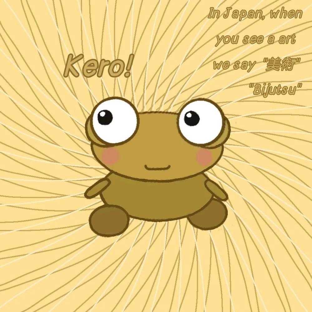 A smiling golden Kero with big round eyes and pink cheeks sits on a swirling pale gold background, with “Kero!” and a note in gold lettering that says the Japanese word for art is Bijutsu.