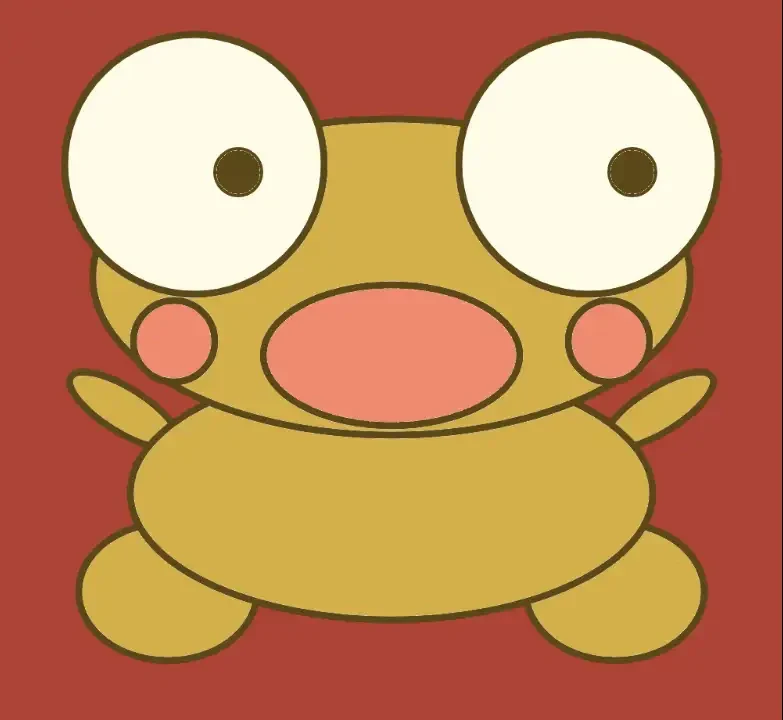 A playful drawing of golden Kero with huge eyes, pink cheeks and a big pink mouth, on a brick red background.