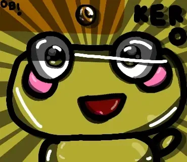 A close-up fan artwork of Kero with shiny oversized eyes and rosy cheeks against an olive and gold burst background.