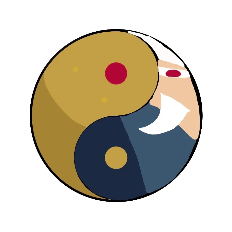 A yin-yang symbol with one half in Kero’s golden colour and the other in Sensei’s dark navy robe, with Sensei’s face, white beard and red-dotted headband curving along the edge, on a white background.