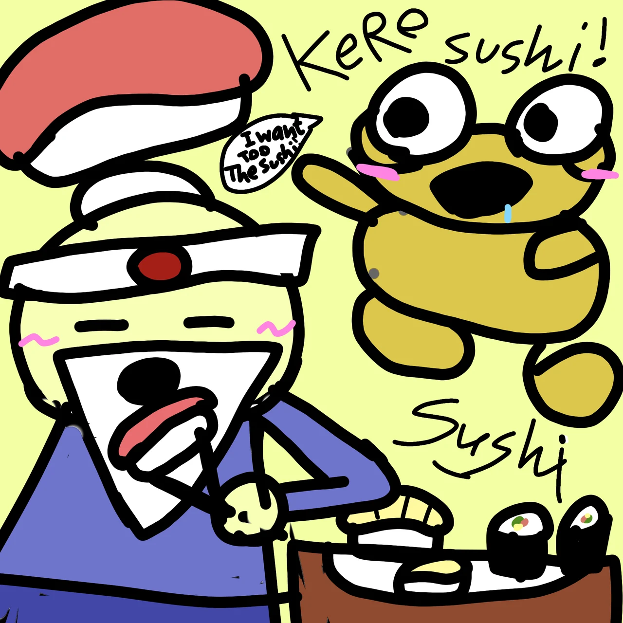 Bold colourful drawing of a delighted Kero and Sensei preparing sushi, with a large salmon nigiri above them.