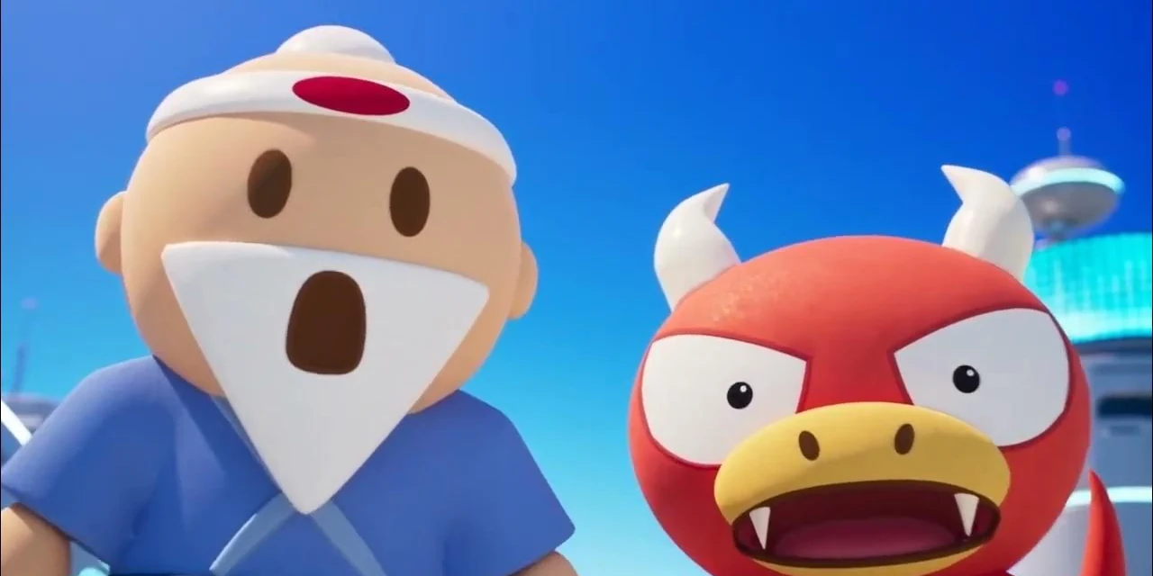A picture from a 3D fan video. A surprised Sensei in a blue robe and a white headband with a red dot, his mouth a round O, beside a cross red Goro with white horns and a wide open mouth, under a bright blue sky with a futuristic tower behind them.