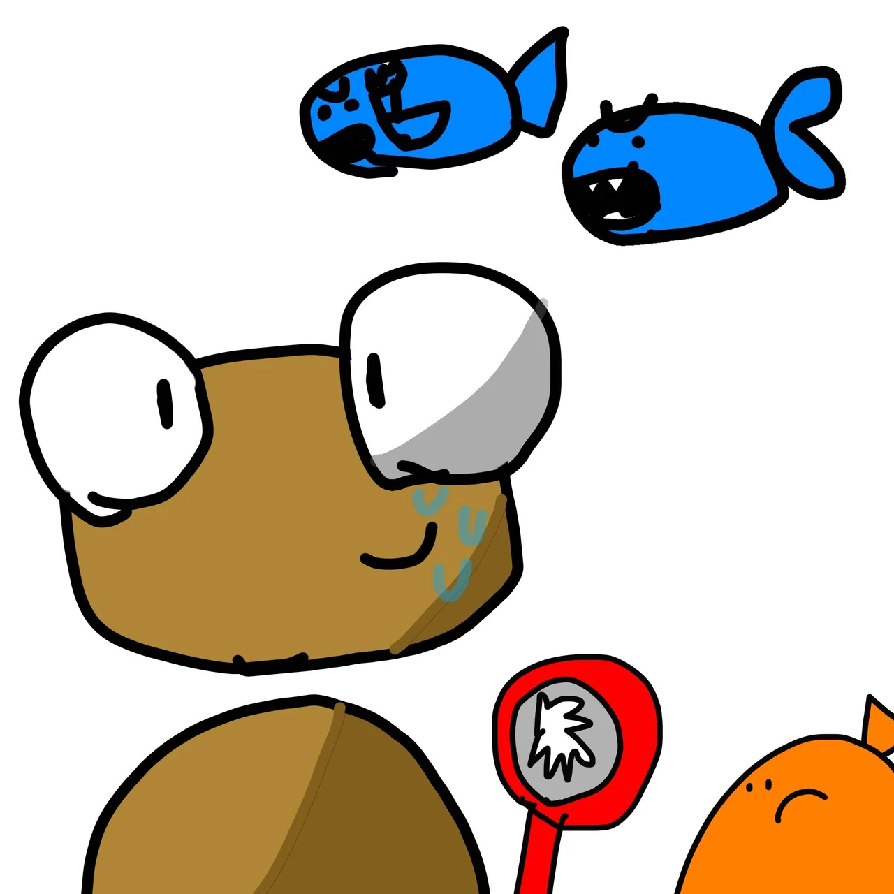 A hand-drawn golden Kero looks frightened as two blue fish swim above him. A red fishing net and an orange fish are partly visible at the bottom of the white artwork.