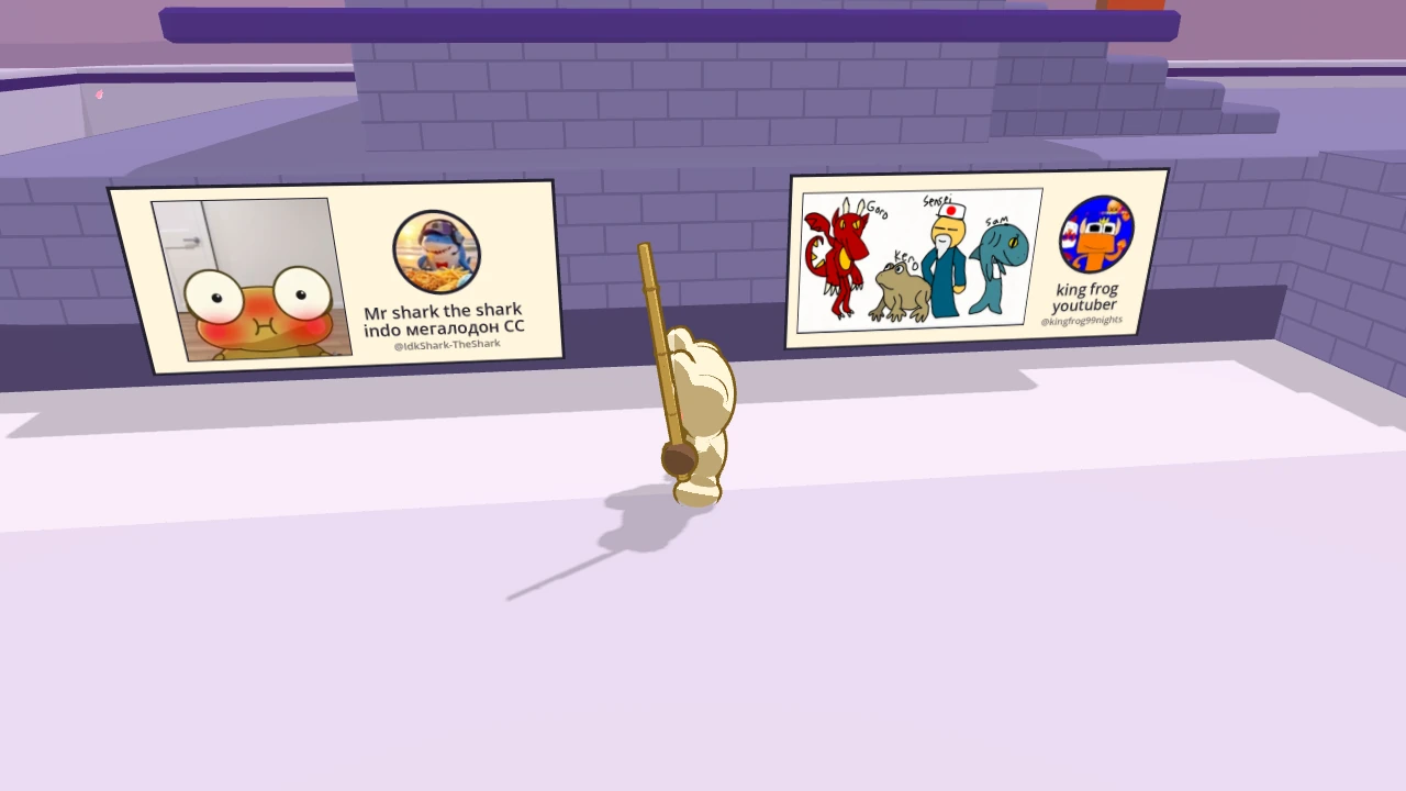Two panels on the stone front of the castle terrace, with Kero standing between them. On the left is Mr shark’s blushing Kero. On the right is king frog youtuber’s line up of Goro, Kero, Sensei and a shark.