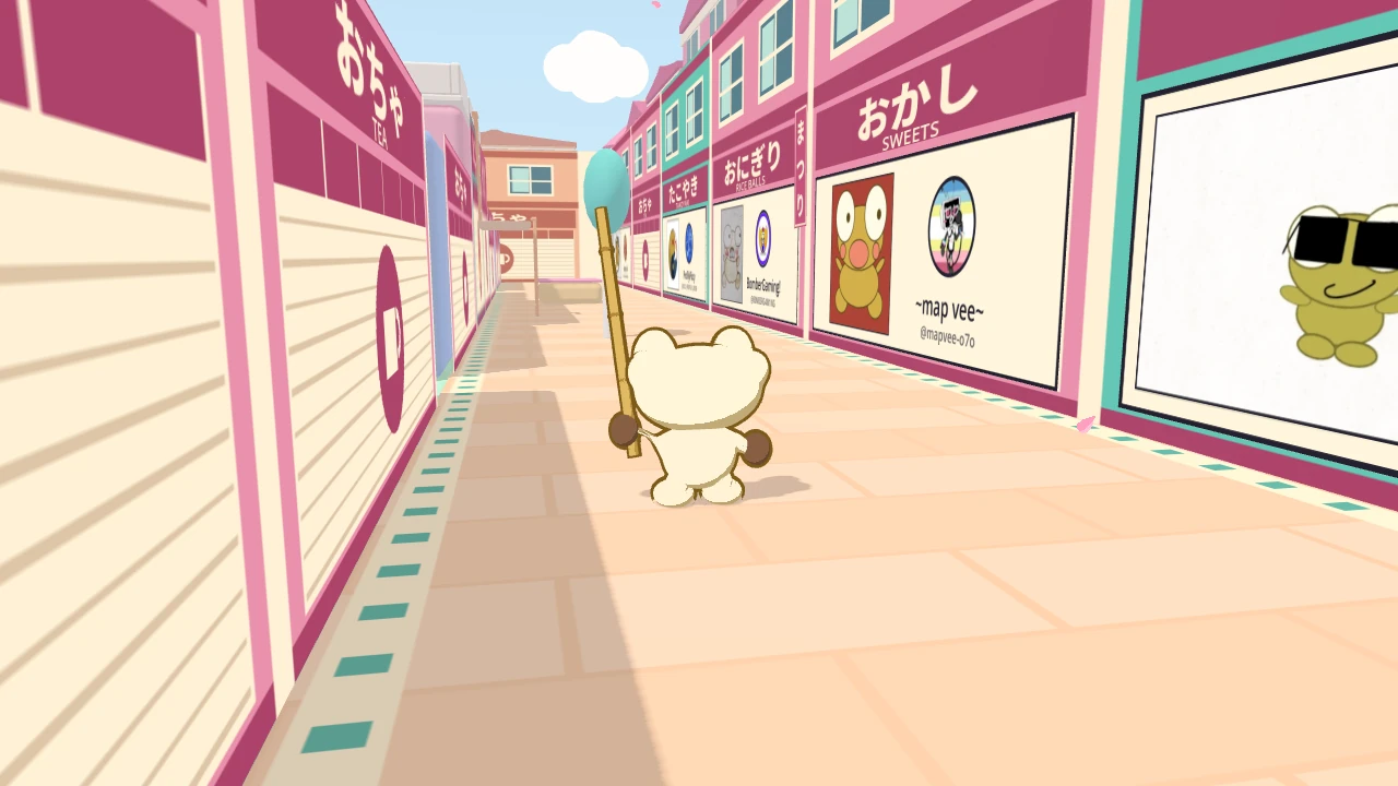 The west back lane of Bonk Street, seen from behind Kero as he walks down the middle. Cream panels with drawings and names hang on the shop walls on the right, under the shop signs.