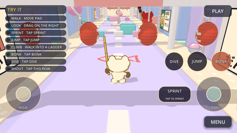 The practice round on a phone held sideways. A list called TRY IT names eight moves and the button for each: walk with the move pad, look by dragging on the right, then sprint, jump, climb, bonk, dive and shout. Kero stands between red lanterns in the practice yard with his bamboo stick, and the thumb buttons sit round the edges.