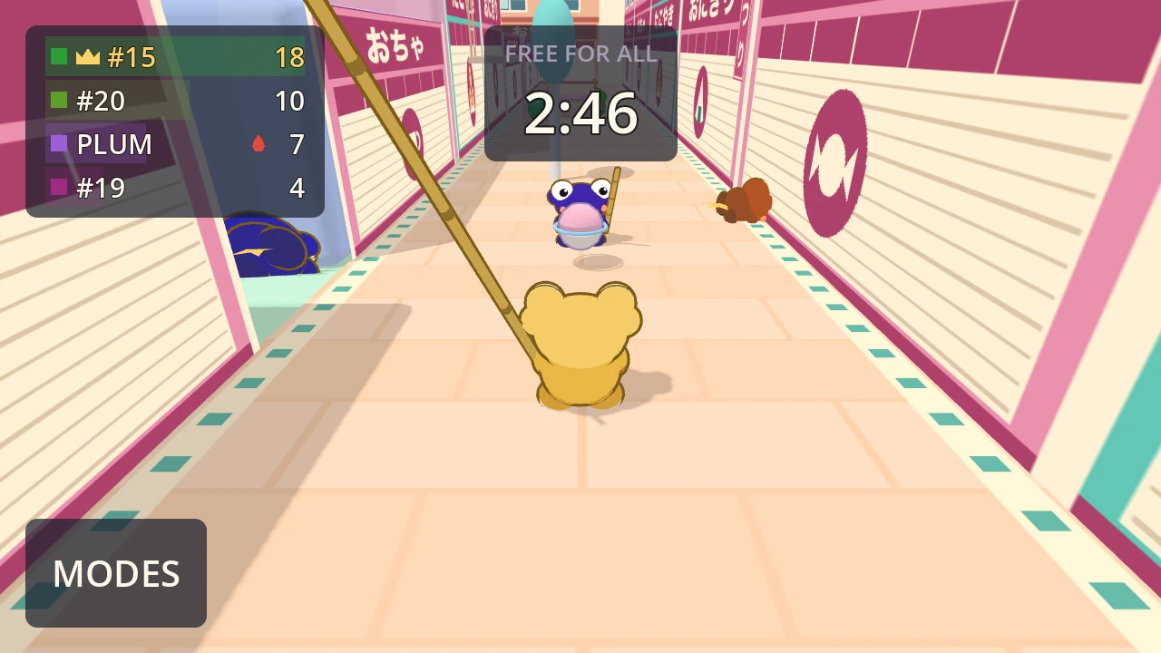 Kero holding a super long bamboo stick across the street during a round