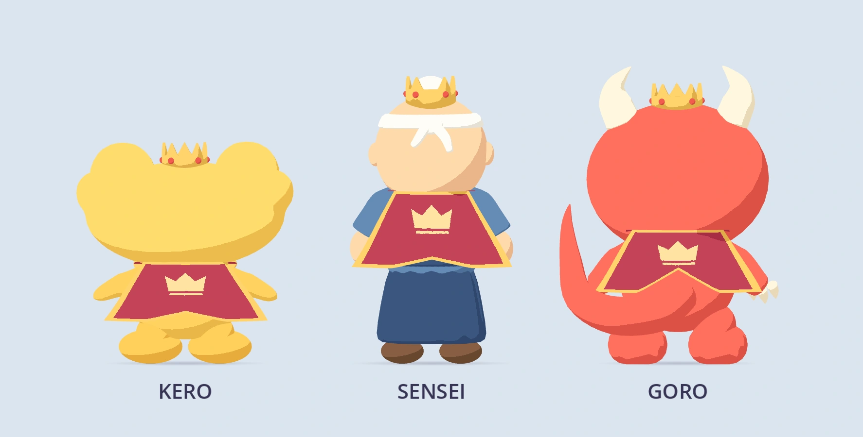 Kero, Sensei and Goro from behind, each wearing a crown and a red cape with gold trim