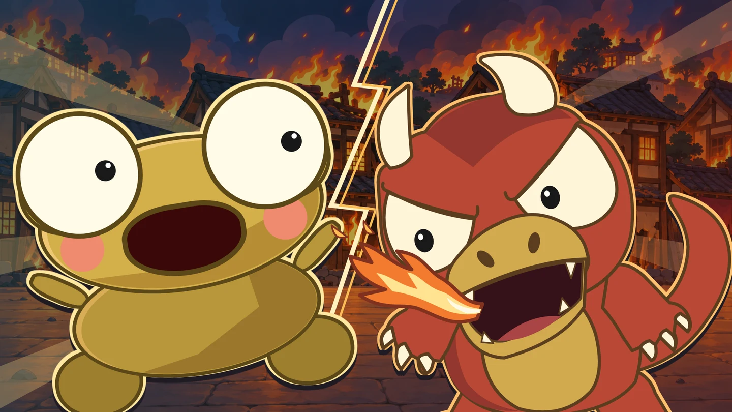Kero shouts as Goro breathes fire across their burning village.