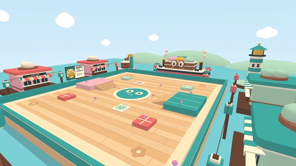 Mochi Harbor with its ferry, pink and mint loading decks and turquoise water.