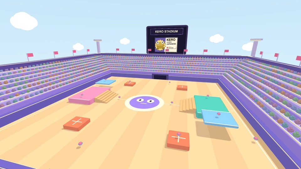 Kero Stadium with packed purple stands, a golden playing deck and a huge screen above the crowd.