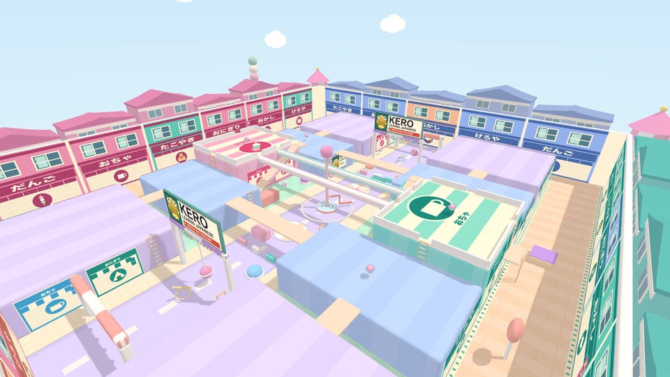 Bonk Street from above the snack stalls, with colourful shop fronts, rooftop bridges and the central plaza.