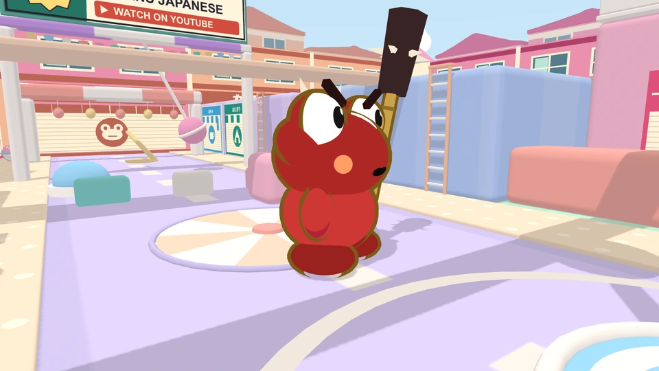 The red Oni, twice a frog's size, holding his spiked club