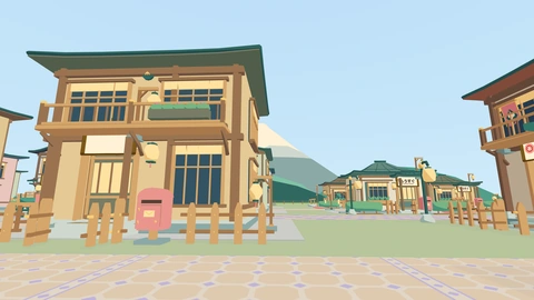 A street of wooden houses and lanterns, with a snow topped mountain standing behind them.