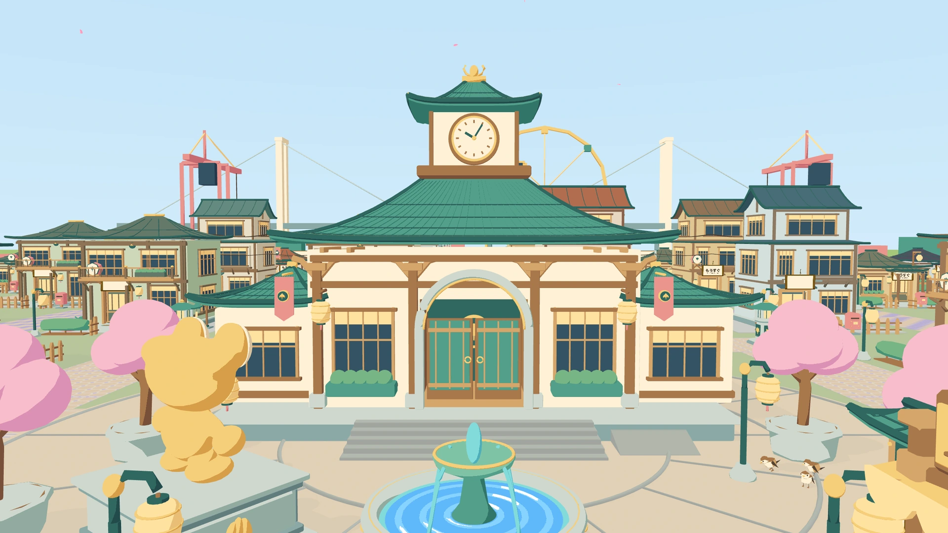 The KEROTOWN town hall, a green roofed building with a clock tower, behind a fountain, cherry trees and a gold statue of Kero.