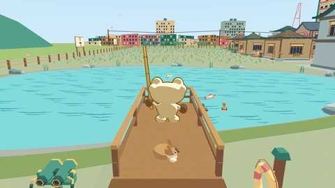 Kero stands on the wooden jetty over the pale blue lake. Two koi swim close by, two ducks paddle past and a dog lies on the jetty behind him.