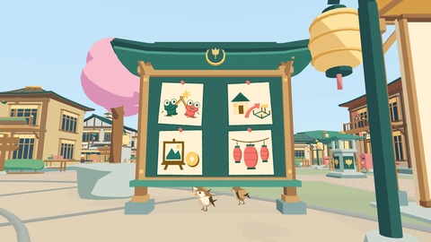 A wooden noticeboard under a green roof with four posters pinned on it, and two small birds on the ground.