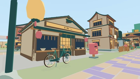 The ramen shop, with red paper lanterns under its roof and bowls set out along the counter.