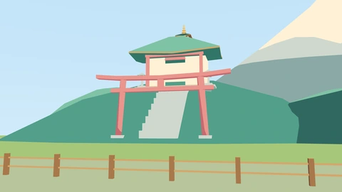 A small shrine on a green hill behind a tall red gate, with stone steps leading up to it.