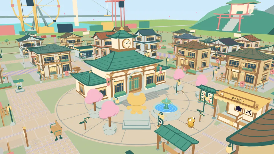 Kero Town from above. The town hall and its clock tower stand behind a fountain and a gold statue of Kero, with shops, cherry trees and a big wheel all around.