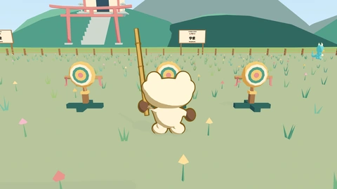 Kero holds his bamboo stick in a grassy yard with three round bonk dummies on posts. A red gate and the shrine steps are on the hill behind.