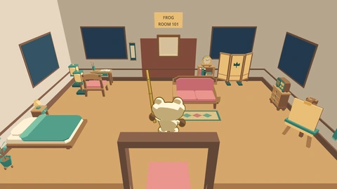 Kero stands in his room in the tower, with a bed, a sofa, a desk, a clock and an easel. The sign on the back wall says FROG, ROOM 101.